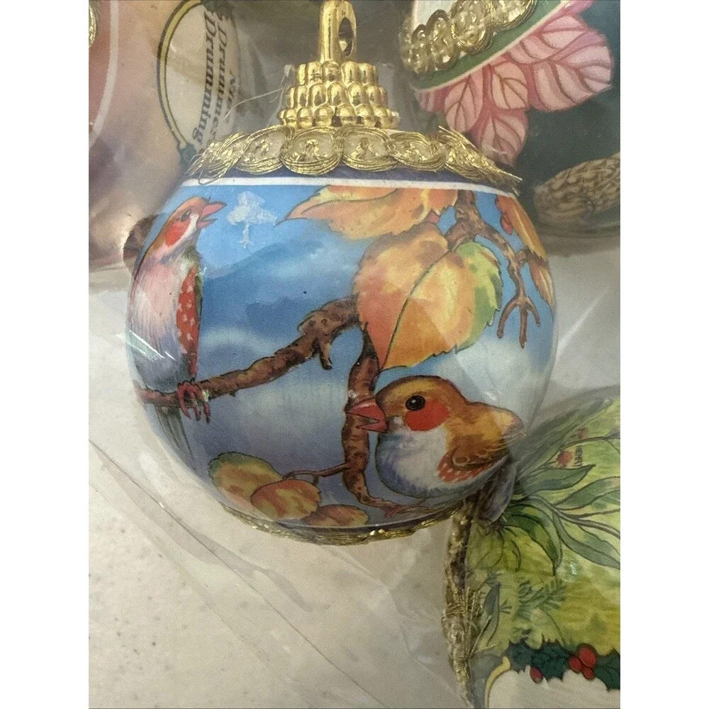 Twelve (12) Vintage Gold Satin Wrapped 12 Days Of Christmas Ornaments New In Box